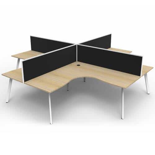 Fast Office Furniture - Enterprise 4-Way Corner Workstation, Natural Oak Tops, Satin White Frame, with Black Screen Dividers