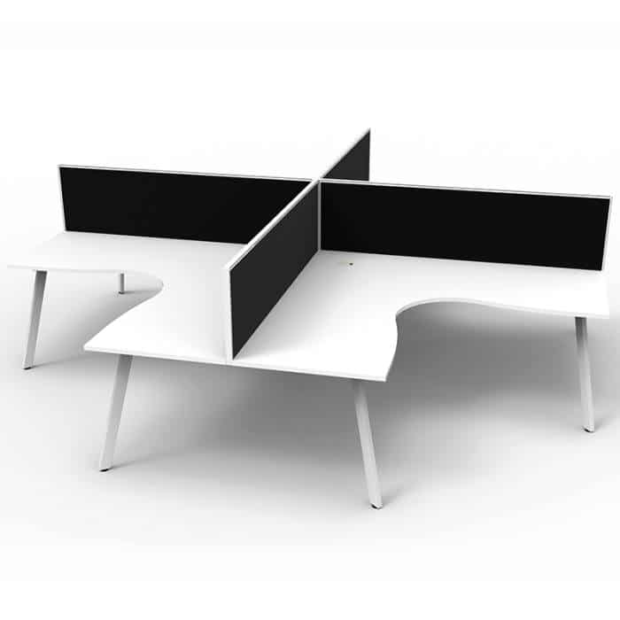 Fast Office Furniture - Enterprise 4-Way Corner Workstation, Natural White Tops, Satin White Frame, with Black Screen Dividers