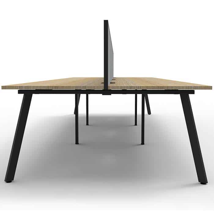 Fast Office Furniture - Enterprise 6 Back to Back Desks, Natural Oak Tops, Satin Black Frame, with Grey Screen Dividers, End View