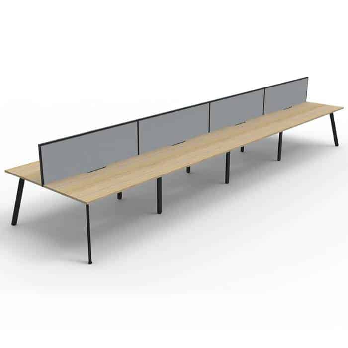 Fast Office Furniture - Enterprise 8 Back to Back Desks, Natural Oak Tops, Satin Black Frame, with Grey Screen Dividers