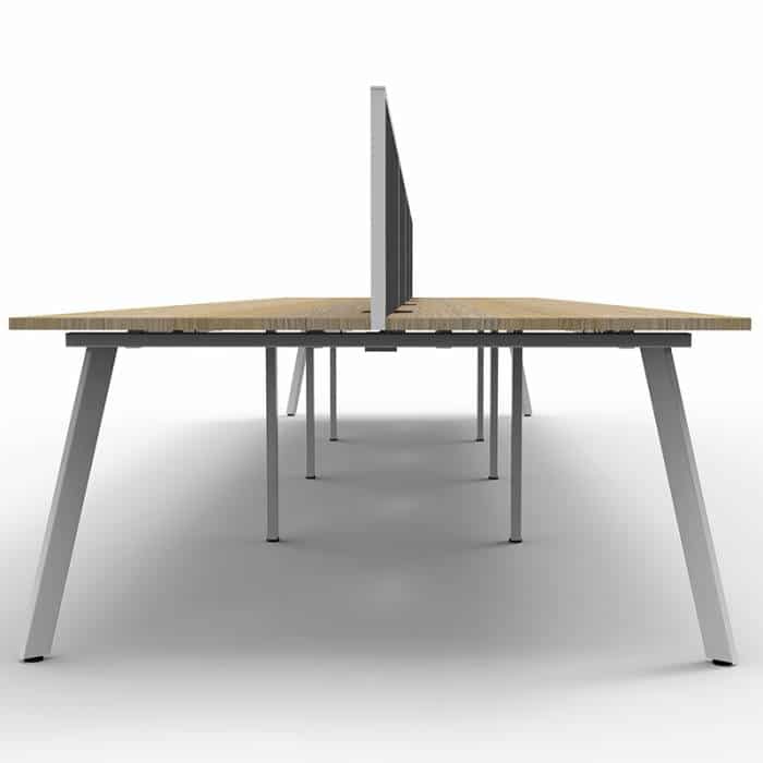 Fast Office Furniture - Enterprise 8 Back to Back Desks, Natural Oak Tops, Satin White Frame, with Black Screen Dividers, End View