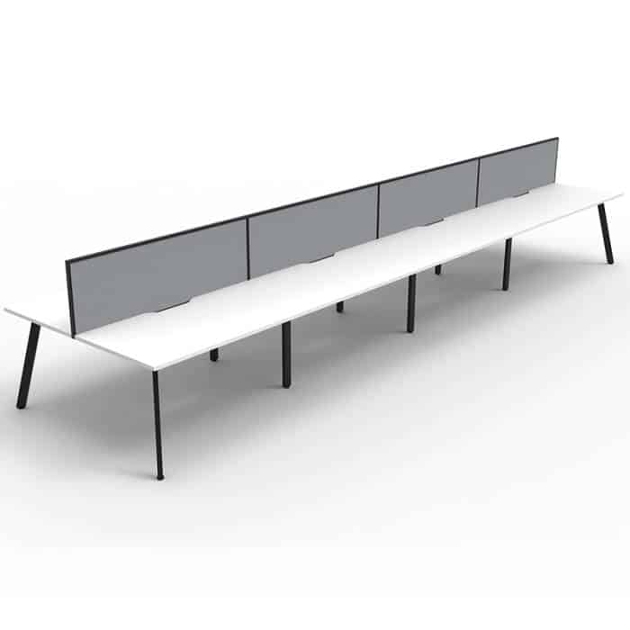 Fast Office Furniture - Enterprise 8 Back to Back Desks, Natural White Tops, Satin Black Frame, with Grey Screen Dividers
