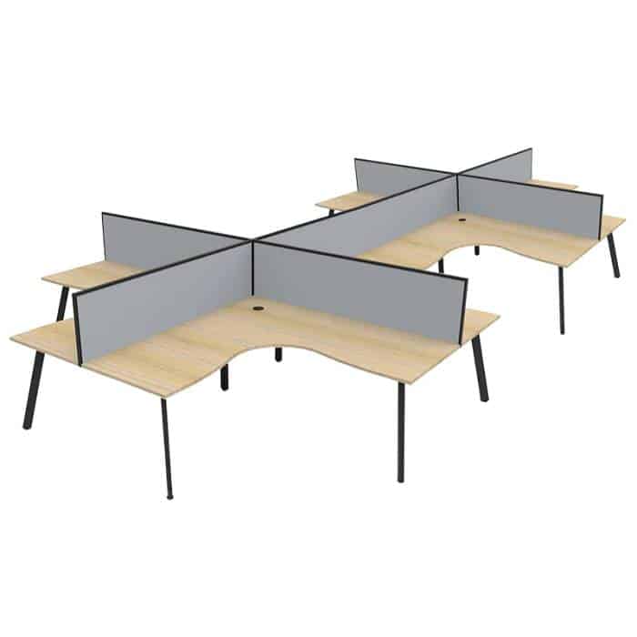 Fast Office Furniture - Enterprise 8-Way Corner Workstation, Natural Oak Tops, Satin Black Frame, with Grey Screen Dividers