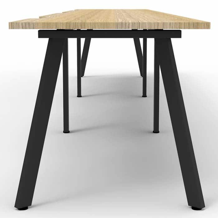 Fast Office Furniture - Enterprise Desk - 3 Person In-Line, Natural Oak Tops, Satin Black Frame, End View