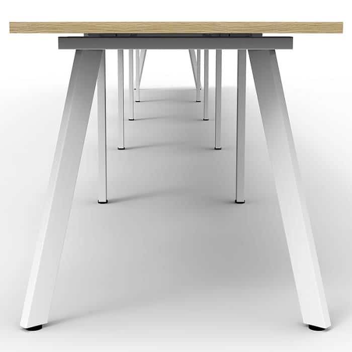 Fast Office Furniture - Enterprise Desk - 5 Person In-Line, Natural Oak Tops, Satin White Frame, End View