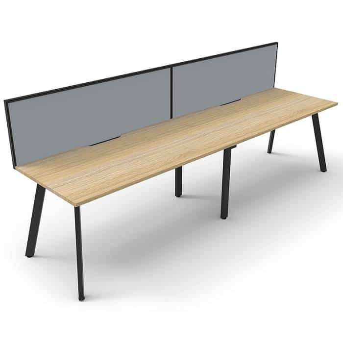 Fast Office Furniture - Enterprise Desk – 2 Person In-Line, Natural Oak Tops, Satin Black Frame, with Grey Screen Dividers