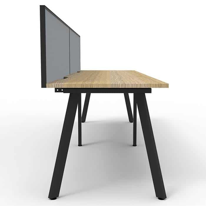 Fast Office Furniture - Enterprise Desk – 2 Person In-Line, Natural Oak Tops, Satin Black Frame, with Grey Screen Dividers, End View