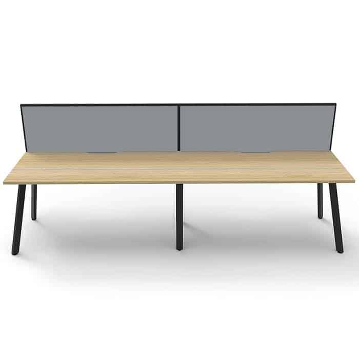 Fast Office Furniture - Enterprise Desk – 2 Person In-Line, Natural Oak Tops, Satin Black Frame, with Grey Screen Dividers, Side View