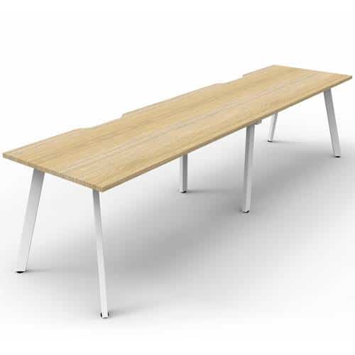 Fast Office Furniture - Enterprise Desk – 2 Person In-Line, Natural Oak Tops, Satin White Frame