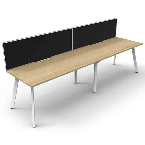 Fast Office Furniture - Enterprise Desk – 2 Person In-Line, Natural Oak Tops, Satin White Frame, with Black Screen Dividers