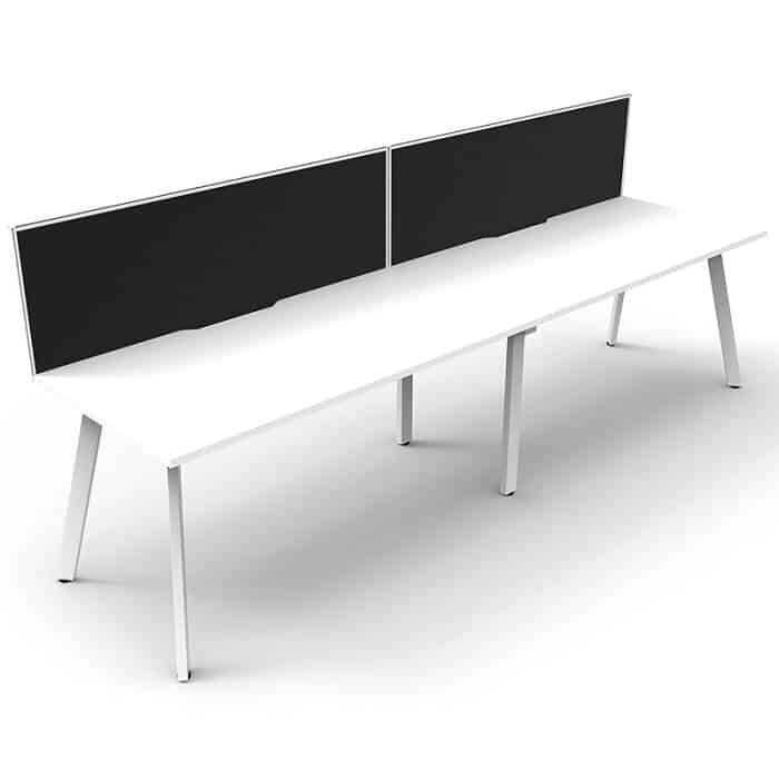 Fast Office Furniture -Enterprise Desk – 2 Person In-Line, White Tops, Satin Natural White Frame, with Black Screen Dividers