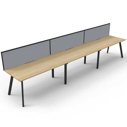 Fast Office Furniture - Enterprise Desk – 3 Person In-Line, Natural Oak Tops, Satin Black Frame, with Grey Screen Dividers