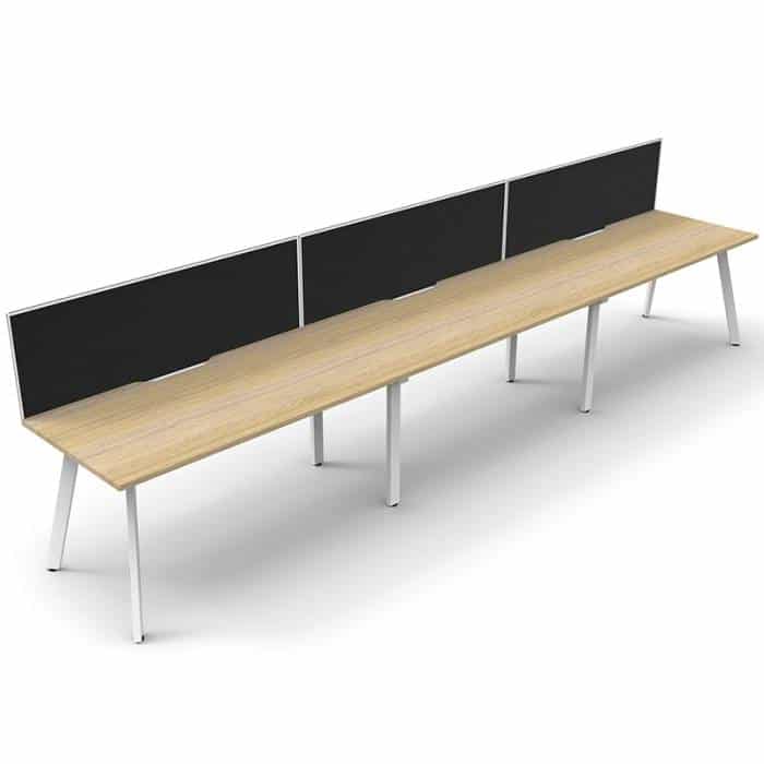 Fast Office Furniture - Enterprise Desk – 3 Person In-Line, Natural Oak Tops, Satin White Frame, with Black Screen Dividers 2