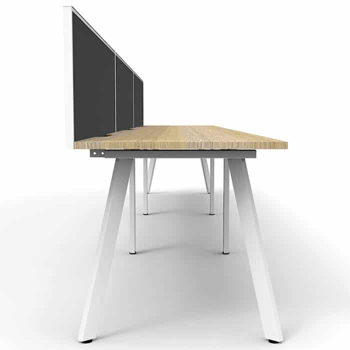 Fast Office Furniture -Enterprise Desk – 3 Person In-Line, Natural Oak Tops, Satin White Frame, with Black Screen Dividers