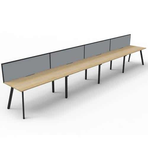 Fast Office Furniture - Enterprise Desk – 4 Person In-Line, Natural Oak Tops, Satin Black Frame, with Grey Screen Dividers