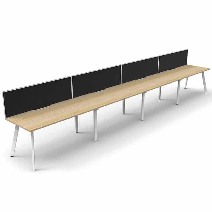 Fast Office Furniture - Enterprise Desk – 4 Person In-Line, Natural Oak Tops, Satin White Frame, with Black Screen Dividers