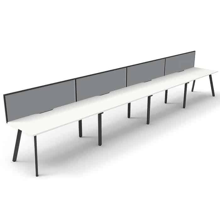 Fast Office Furniture - Enterprise Desk – 4 Person In-Line, Natural White Tops, Satin Black Frame, with Grey Screen Dividers