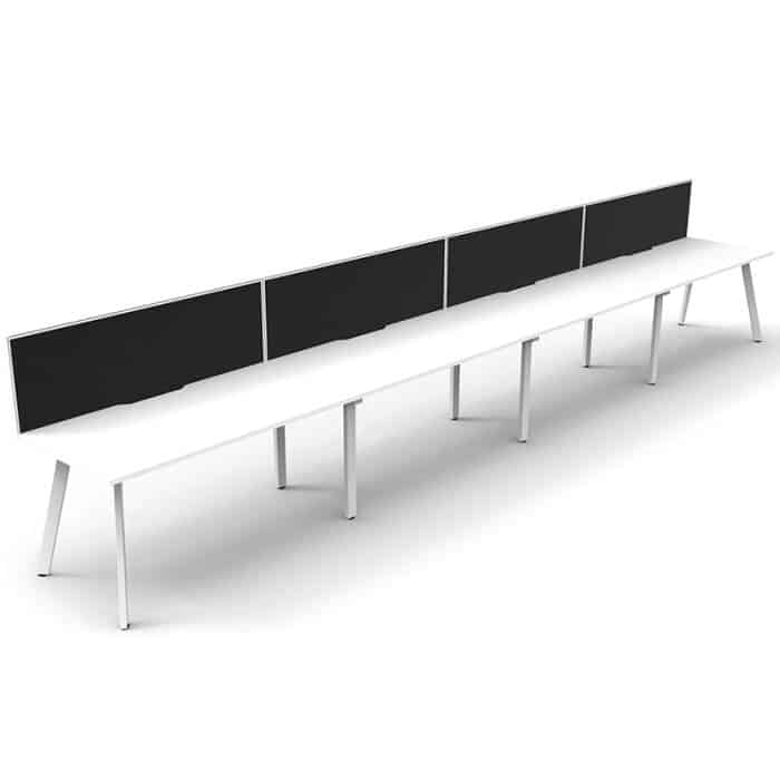 Fast Office Furniture - Enterprise Desk – 4 Person In-Line, Natural White Tops, Satin White Frame, with Black Screen Dividers