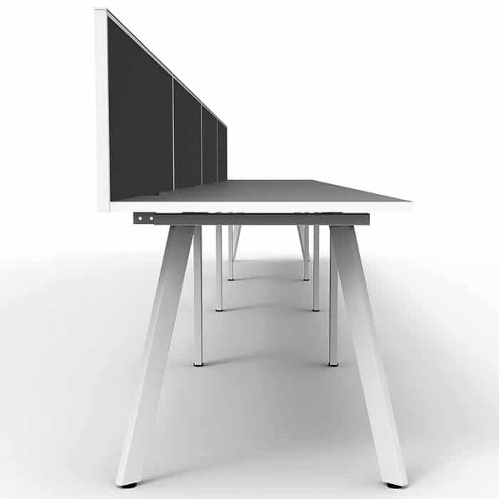 Fast Office Furniture - Enterprise Desk – 4 Person In-Line, Natural White Tops, Satin White Frame, with Black Screen Dividers, End View