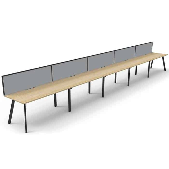 Fast Office Furniture - Enterprise Desk – 5 Person In-Line, Natural Oak Tops, Satin Black Frame, with Grey Screen Dividers