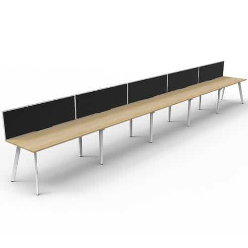 Fast Office Furniture - Enterprise Desk – 5 Person In-Line, Natural Oak Tops, Satin White Frame, with Black Screen Dividers