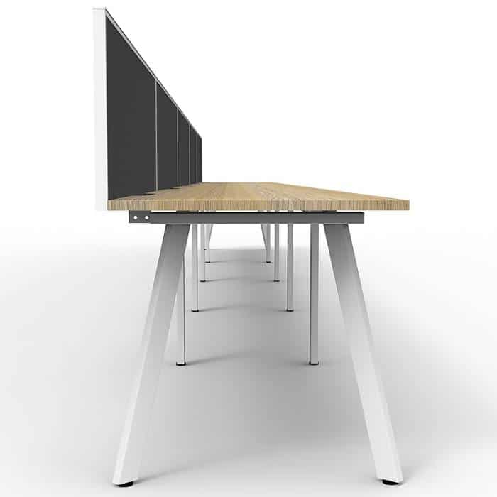 Fast Office Furniture -Enterprise Desk – 5 Person In-Line, Natural Oak Tops, Satin White Frame, with Black Screen Dividers, End View