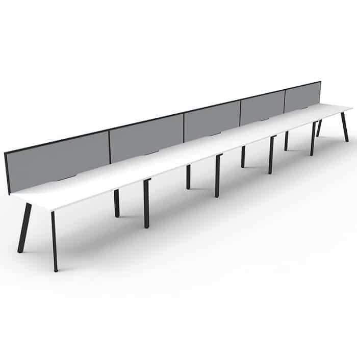 Fast Office Furniture - Enterprise Desk – 5 Person In-Line, Natural White Tops, Satin Black Frame, with Grey Screen Dividers