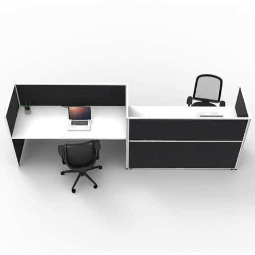 Fast Office Furniture - Serene Flip Screen Hung 2 Desks, Natural White Tops, Black Screen Dividers