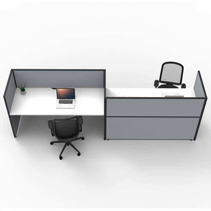 Fast Office Furniture - Serene Flip Screen Hung 2 Desks, Natural White Tops, Grey Screen Dividers