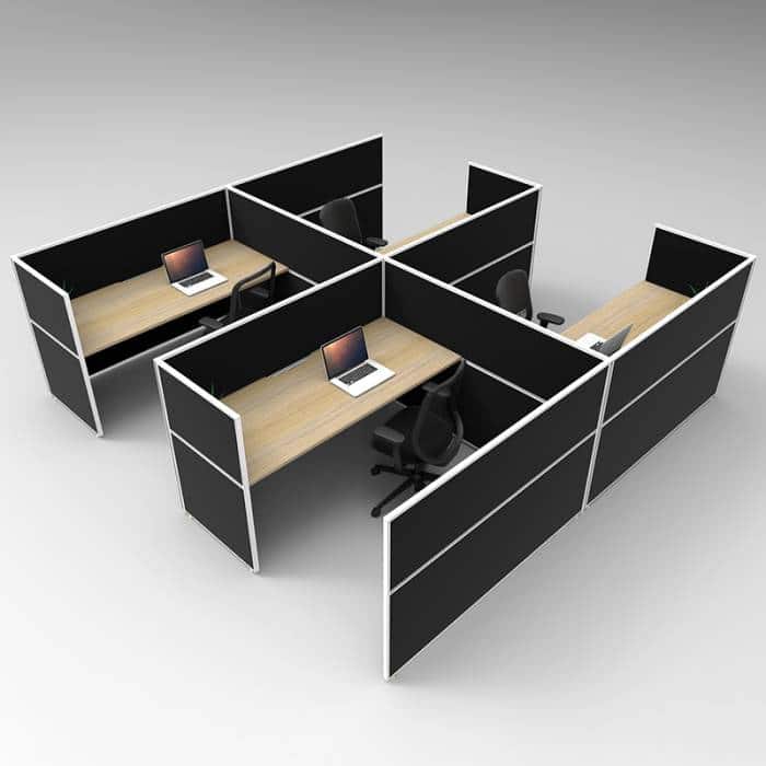 Fast Office Furniture - Serene Flip Screen Hung 4 Desks Wrap, Natural Oak Tops, Black Screen Dividers