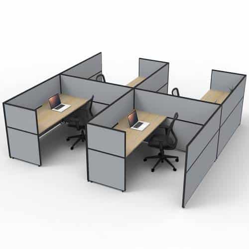 Fast Office Furniture -Serene Flip Screen Hung 4 Desks Wrap, Natural Oak Tops, Grey Screen Dividers