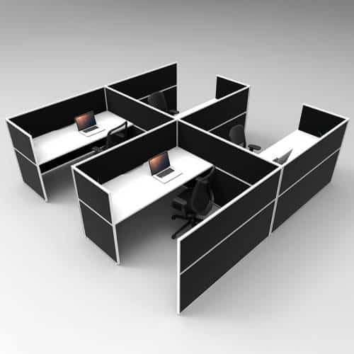 Fast Office Furniture - Serene Flip Screen Hung 4 Desks Wrap, Natural White Tops, Black Screen Dividers
