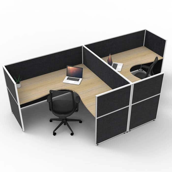 Fast Office Furniture - Serene Screen Hung 2 Back to Back Corner Workstations, Natural Oak Tops, Black Screen Dividers