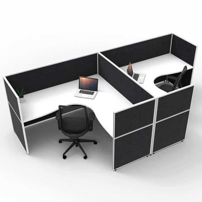 Fast Office Furniture - Serene Screen Hung 2 Back to Back Corner Workstations, Natural White Tops, Black Screen Dividers
