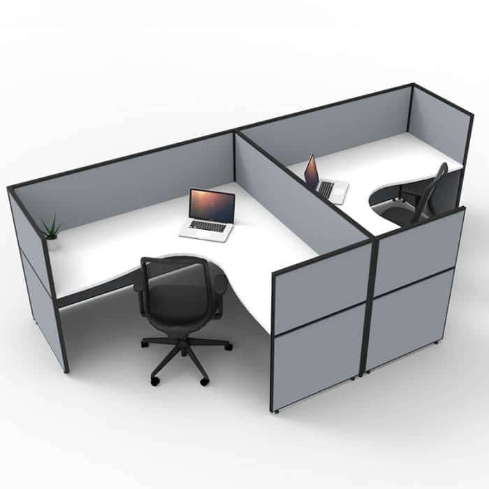 Serene Screen Hung 2 Back to Back Corner Workstations, Natural White Tops, Grey Screen Dividers