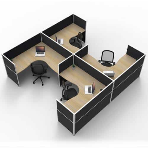 Fast Office Furniture - Serene Screen Hung 4 Back to Back Corner Workstations, Natural Oak Tops, Black Screen Dividers