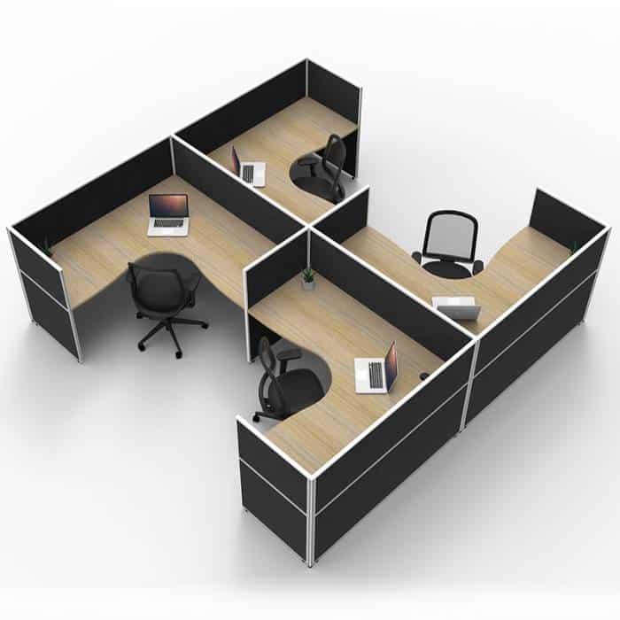 Fast Office Furniture - Serene Screen Hung 4 Back to Back Corner Workstations, Natural Oak Tops, Black Screen Dividers