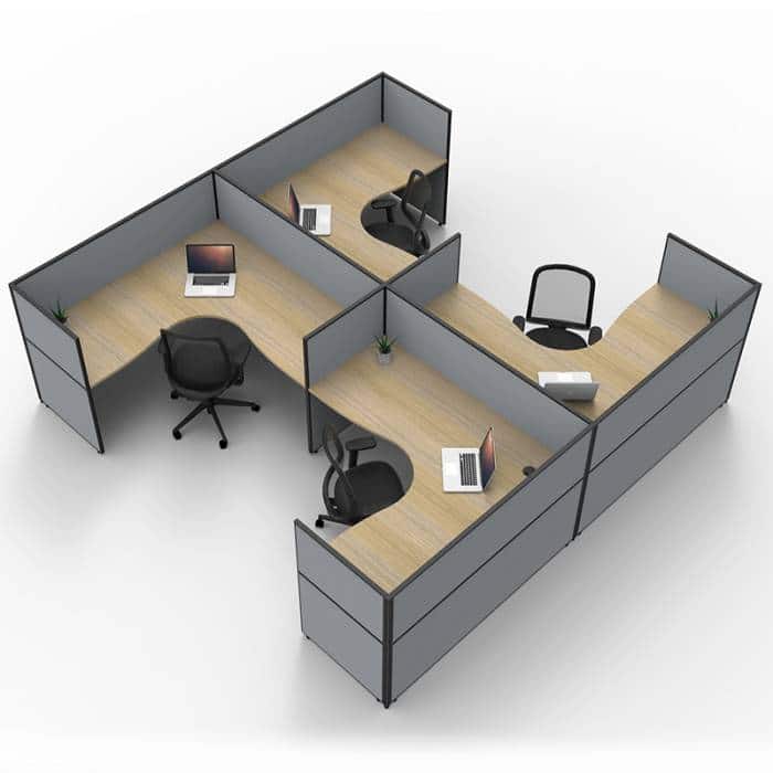 Fast Office Furniture -Serene Screen Hung 4 Back to Back Corner Workstations, Natural Oak Tops, Grey Screen Dividers