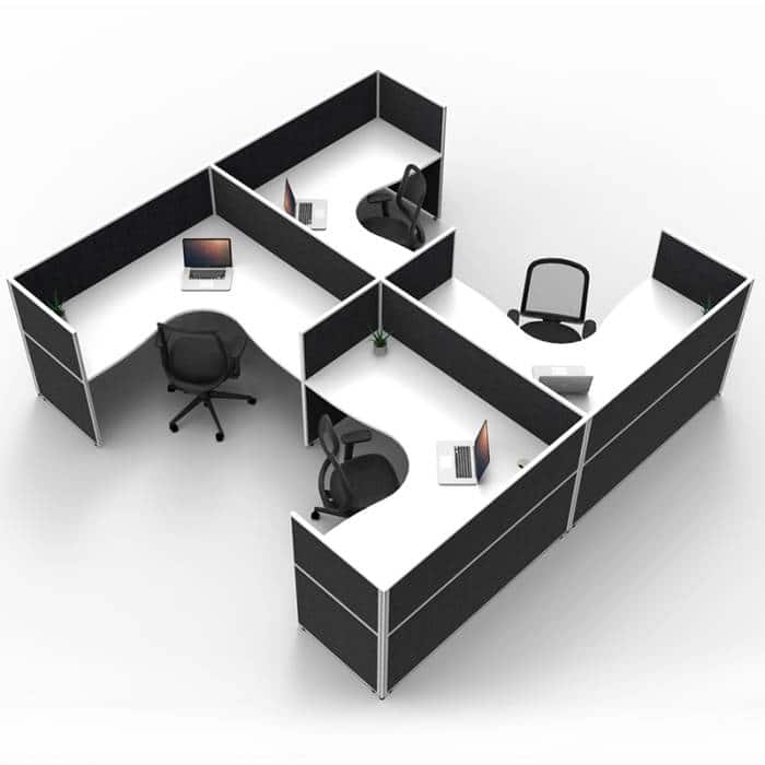 Fast Office Furniture - Serene Screen Hung 4 Back to Back Corner Workstations, Natural White Tops, Black Screen Dividers