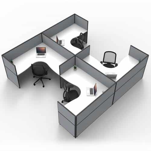 Fast Office Furniture - Serene Screen Hung 4 Back to Back Corner Workstations, Natural White Tops, Grey Screen Dividers