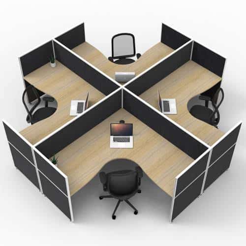 Fast Office Furniture - Serene Screen Hung 4-Way Corner Workstations, Natural Oak Tops, Black Screen Dividers