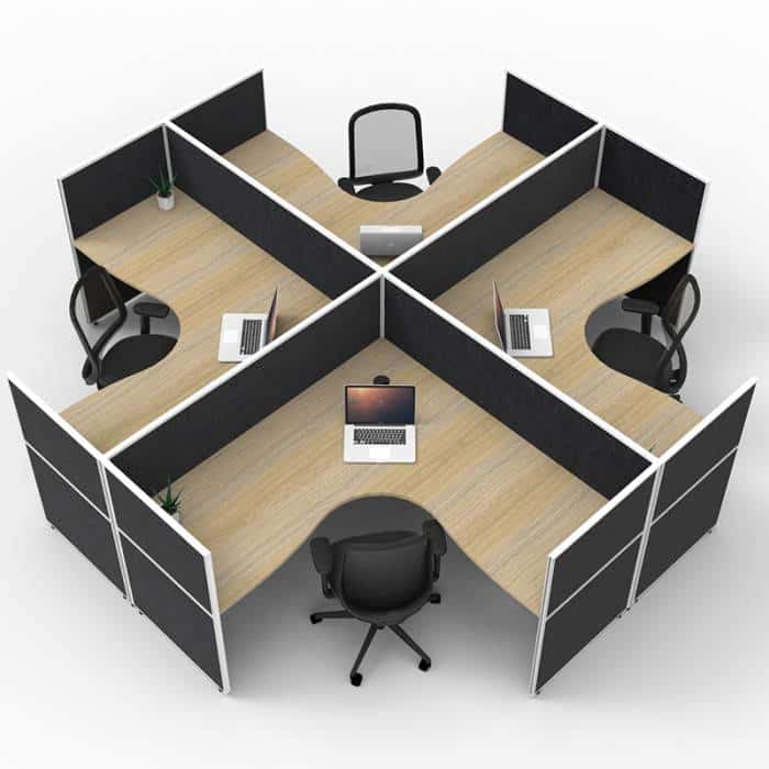 Fast Office Furniture - Serene Screen Hung 4-Way Corner Workstations, Natural Oak Tops, Black Screen Dividers | 4 Person Workstation