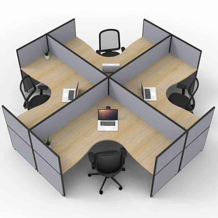 Fast Office Furniture - Serene Screen Hung 4-Way Corner Workstations, Natural Oak Tops, Grey Screen Dividers