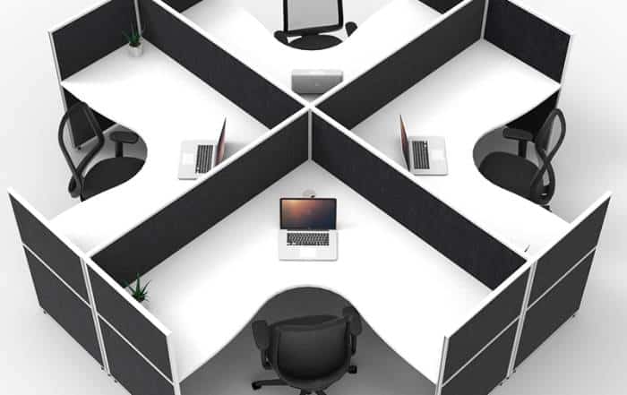 Serene Screen Hung 4-Way Corner Workstations, Natural White Tops, Black Screen Dividers