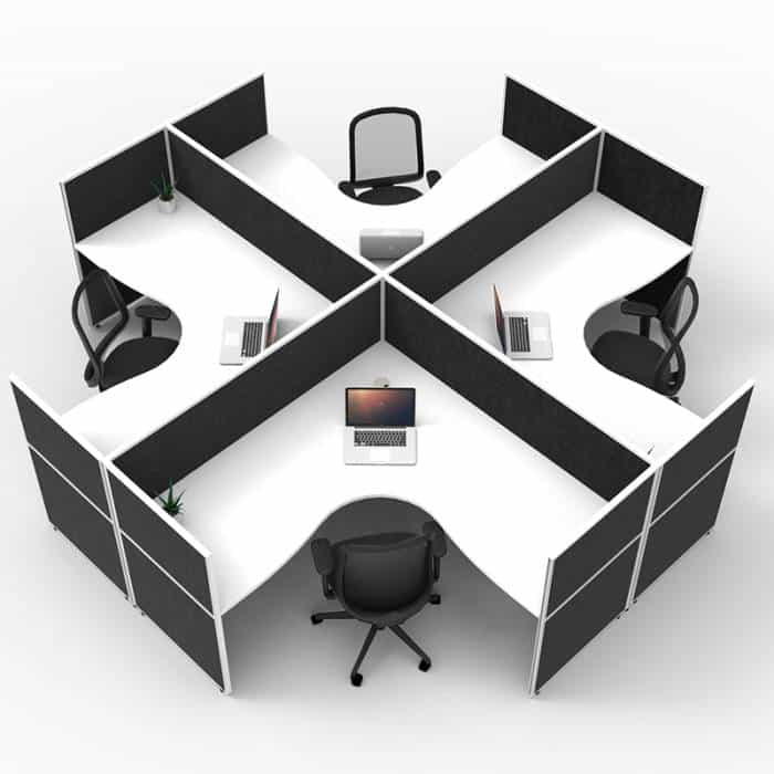 Serene Screen Hung 4-Way Corner Workstations, Natural White Tops, Black Screen Dividers