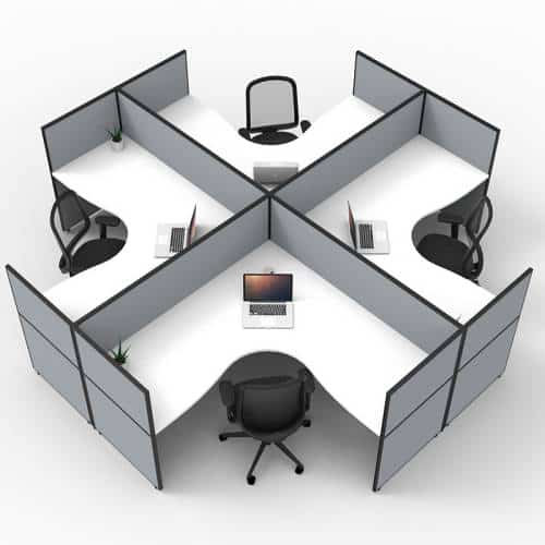 Fast Office Furniture - Serene Screen Hung 4-Way Corner Workstations, Natural White Tops, Grey Screen Dividers