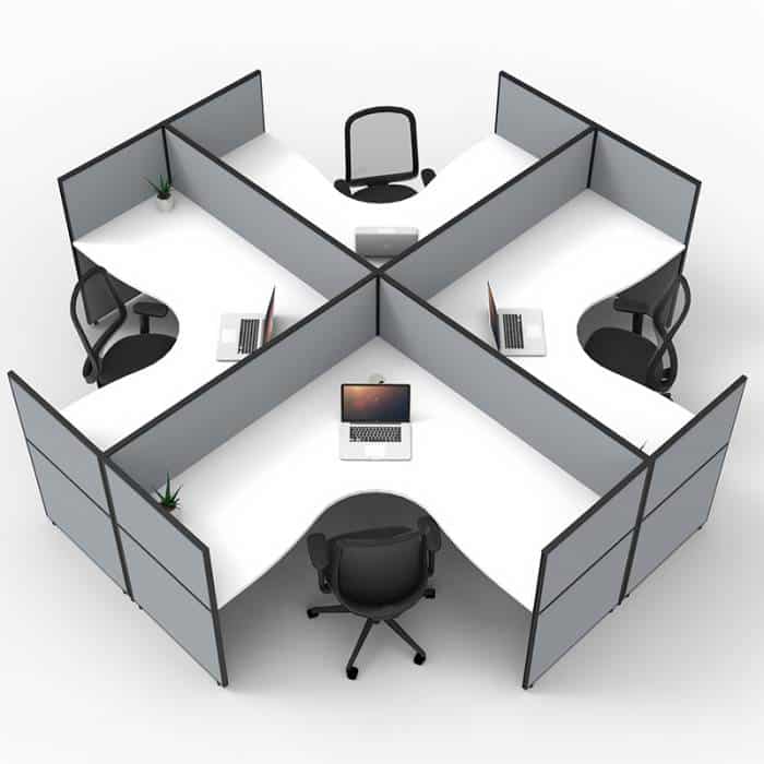 Fast Office Furniture - Serene Screen Hung 4-Way Corner Workstations, Natural White Tops, Grey Screen Dividers