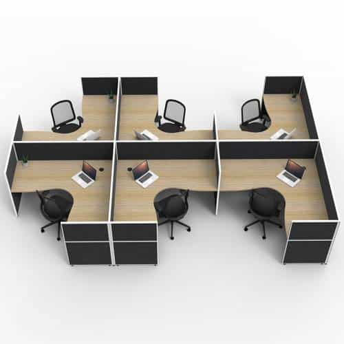 Fast Office Furniture - Serene Screen Hung 6-Way Corner Workstations, Natural Oak Tops, Black Screen Dividers