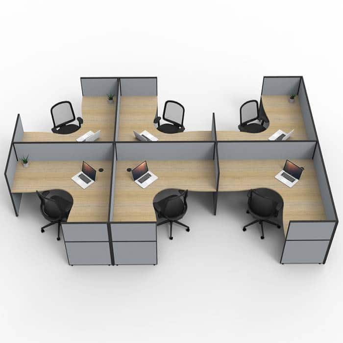 Fast Office Furniture - Serene Screen Hung 6-Way Corner Workstations, Natural Oak Tops, Grey Screen Dividers