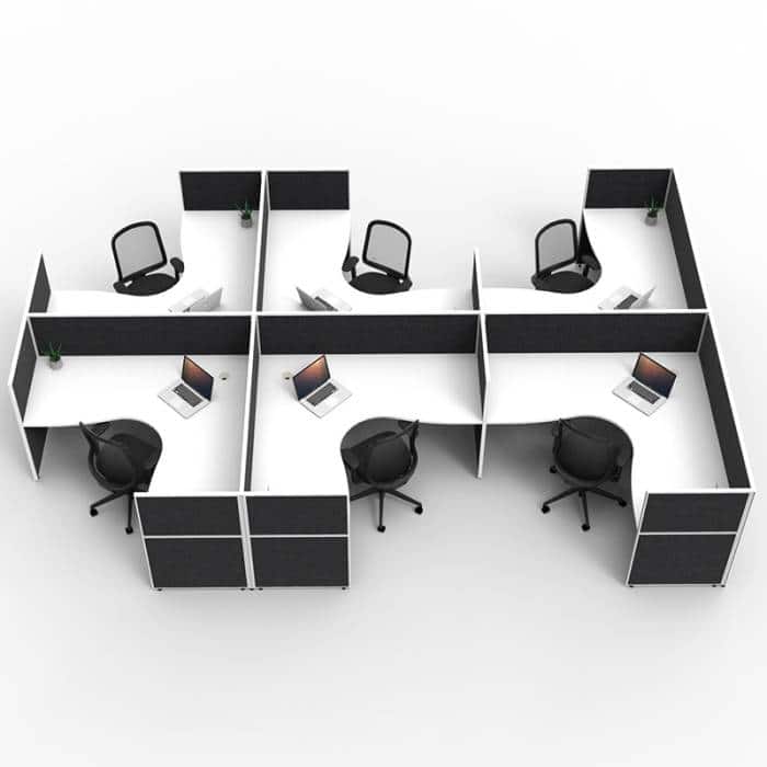 Fast Office Furniture - Serene Screen Hung 6-Way Corner Workstations, Natural White Tops, Black Screen Dividers